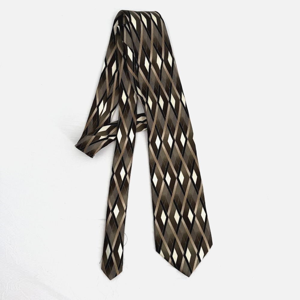 Vintage Stafford Mens Silk Tie Brown Black Argyle Geometric Made USA 58"